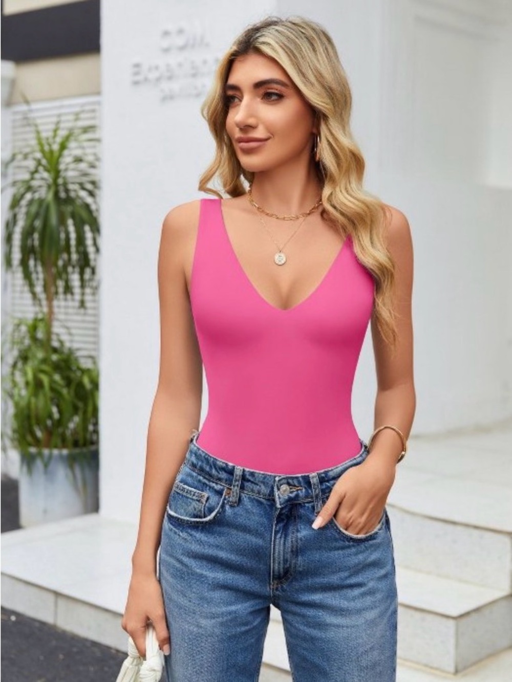 Women's V-Neck Pink Tank Top Bodysuit